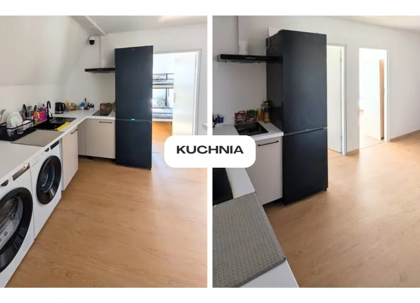 Kuchnia z zabudową, płytą, lodówką i pralkami