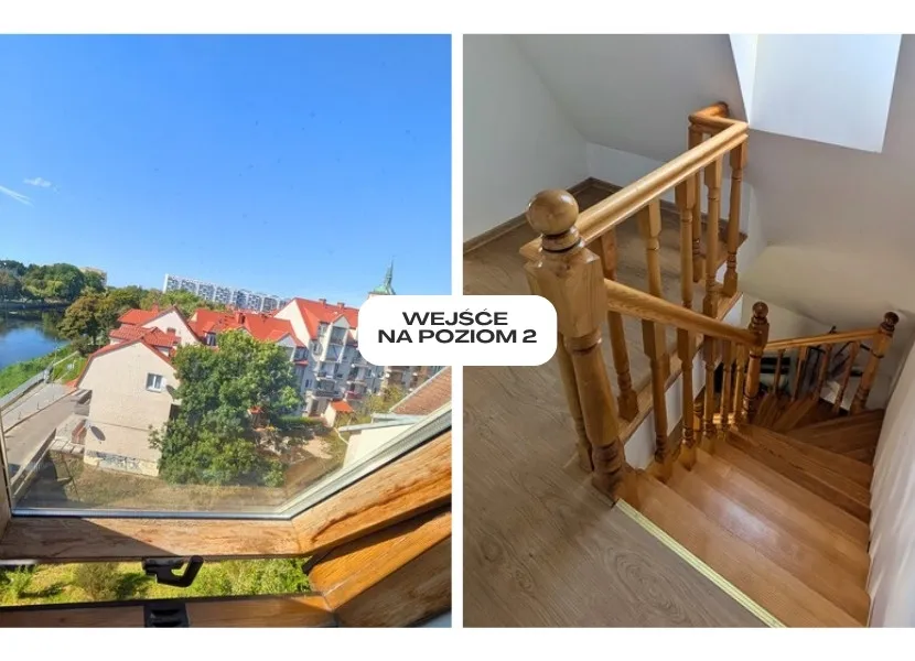 Widok z okna na Kołobrzeg oraz schody na poziom 2